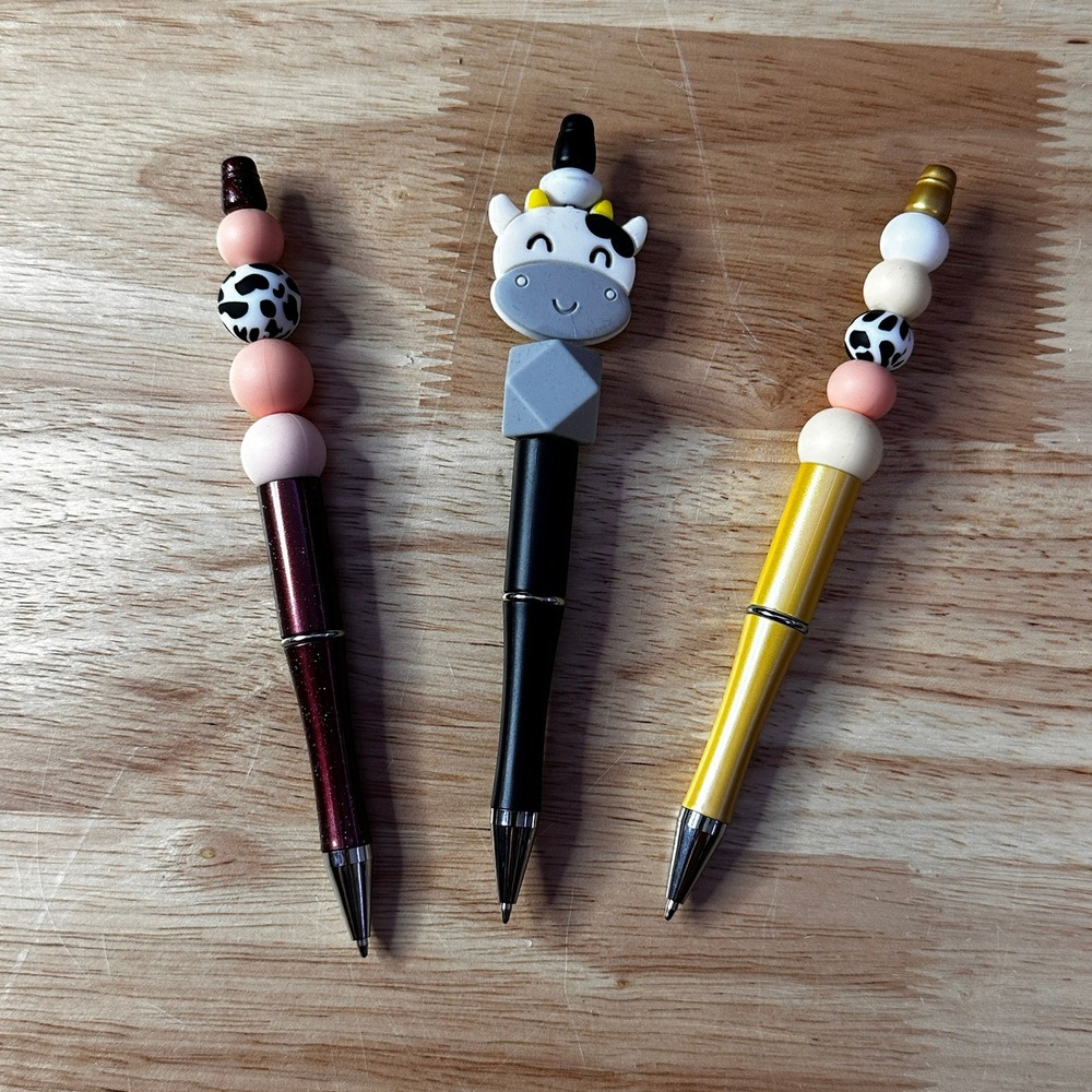 Set of 3 Cow Theme Beaded Ballpoint Pens Farm Animal Silicone Bead Pens